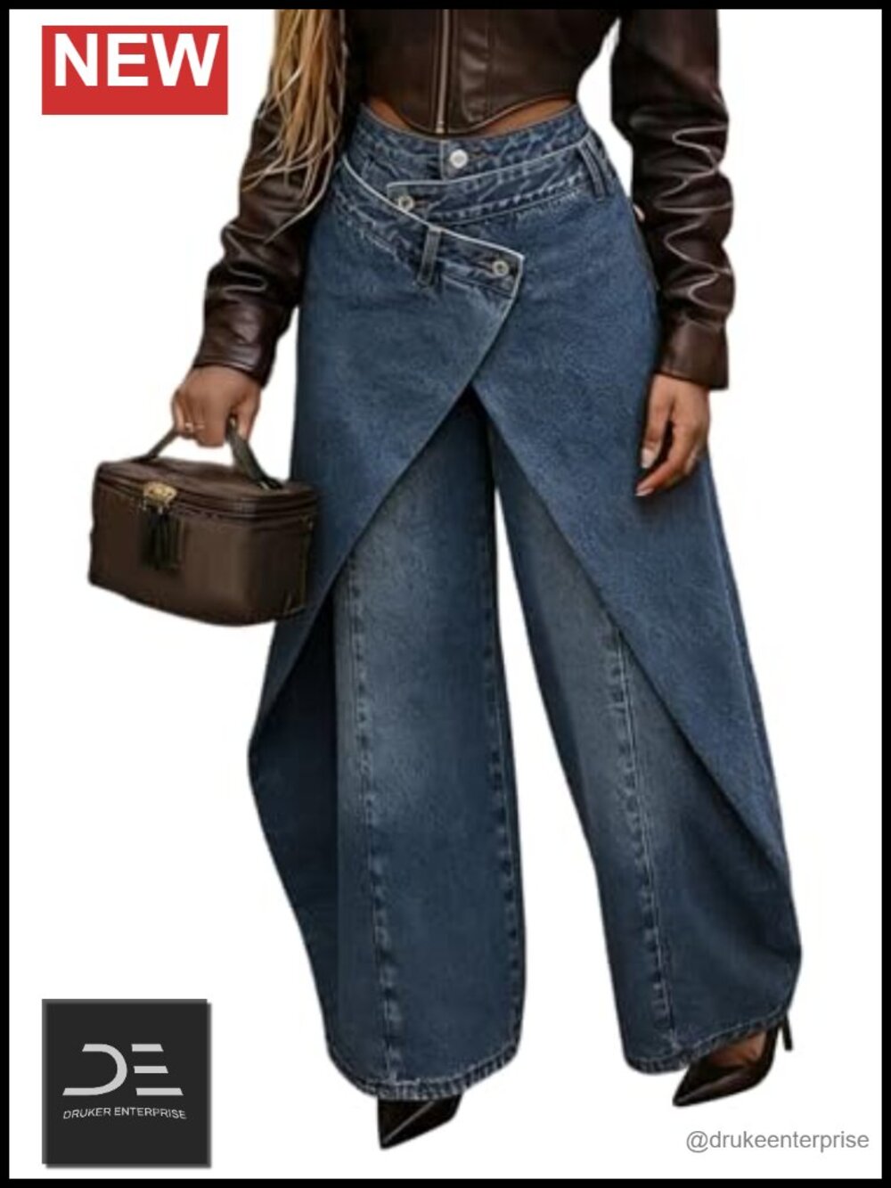 Women's Asymmetrical Wrap Wide Leg Jeans 2-in-1 Skirt Over Pants Streetwear